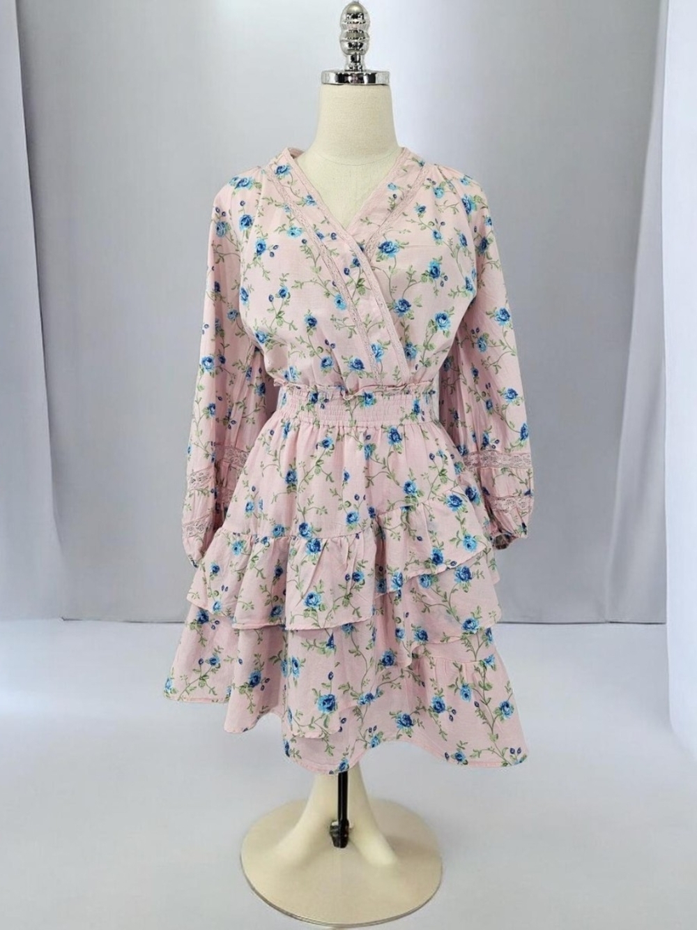 LoveShackFancy Pink Floral Tiered Wrap Mini Dress